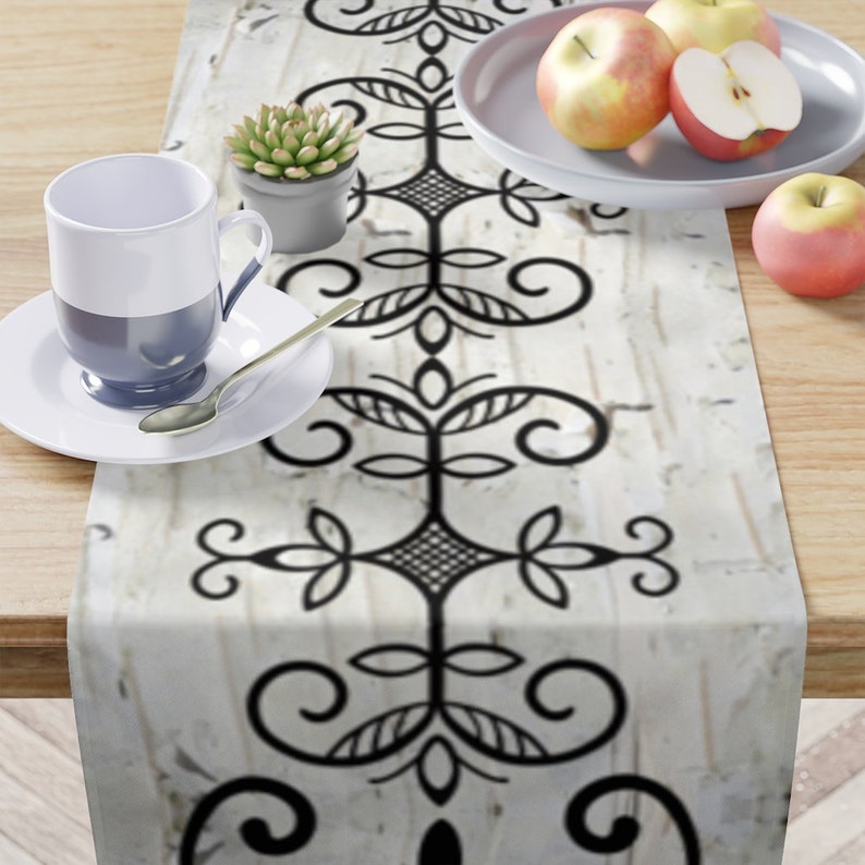 Northeastern Woodland double curve contemporary Table Runner. White birchbark background with Wabanaki double curves table runner. image 2