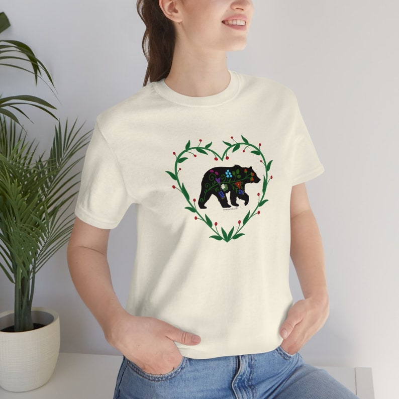 Woodland Floral Bear with Heart Vines Unisex Jersey Short Sleeve Tee. Woodland Floral Bear t shirt. Woodland Bear with Floral prints image 6