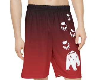 Bear and Bear print men's shorts. Walking Bear with prints on red to black gradient Mens Sports Shorts (AOP)