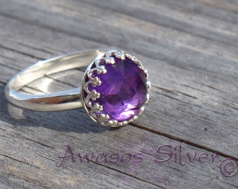 Beautiful Amethyst Sterling Silver Ring. Rose cut Amethyst set in sterling silver ring. Handcrafted fancy Amethyst ring.