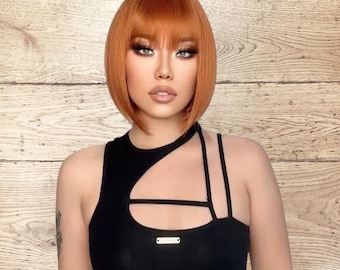 Short orange ginger synthetic bob with bangs