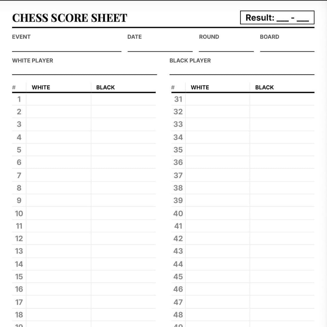 Chess Score Sheet Printable | Chess Notation PDF | Tournament Scorecard ...