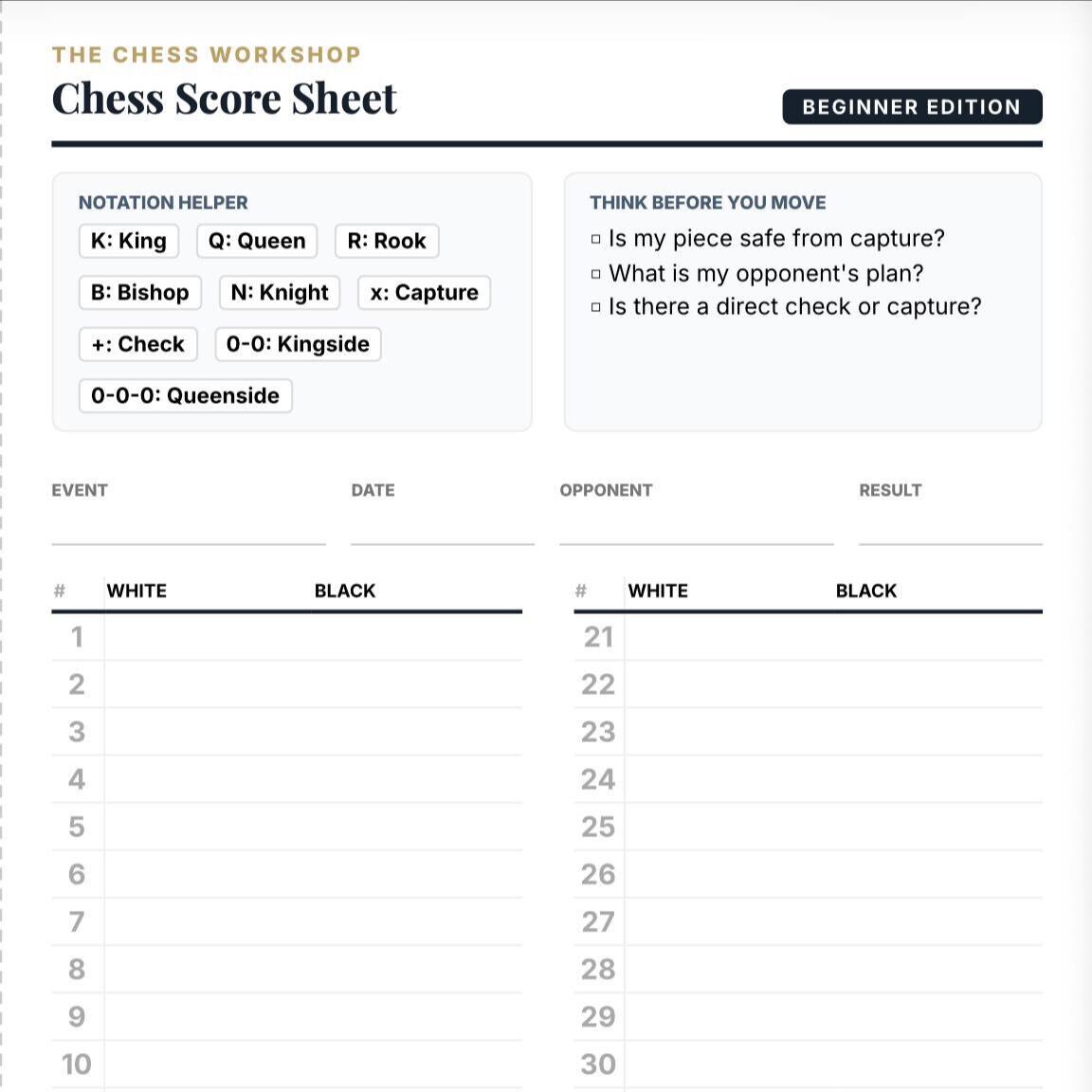 Beginner Chess Score Sheet Printable | Notation Guide PDF | Chess ...