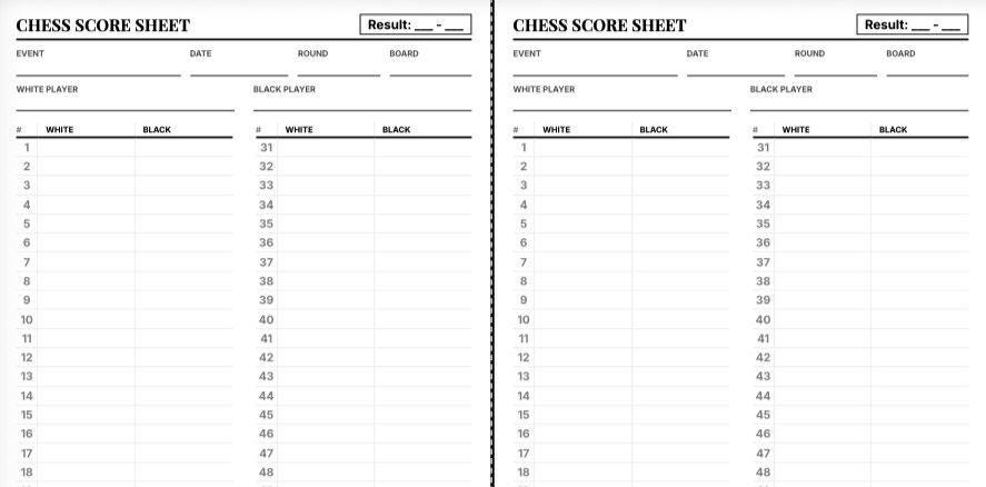 Chess Score Sheet Printable | Chess Notation PDF | Tournament Scorecard ...