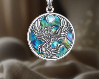Round Phoenix Necklace 925 Sterling Silver Abalone Shell Moonstone Phoenix Necklace For Women
