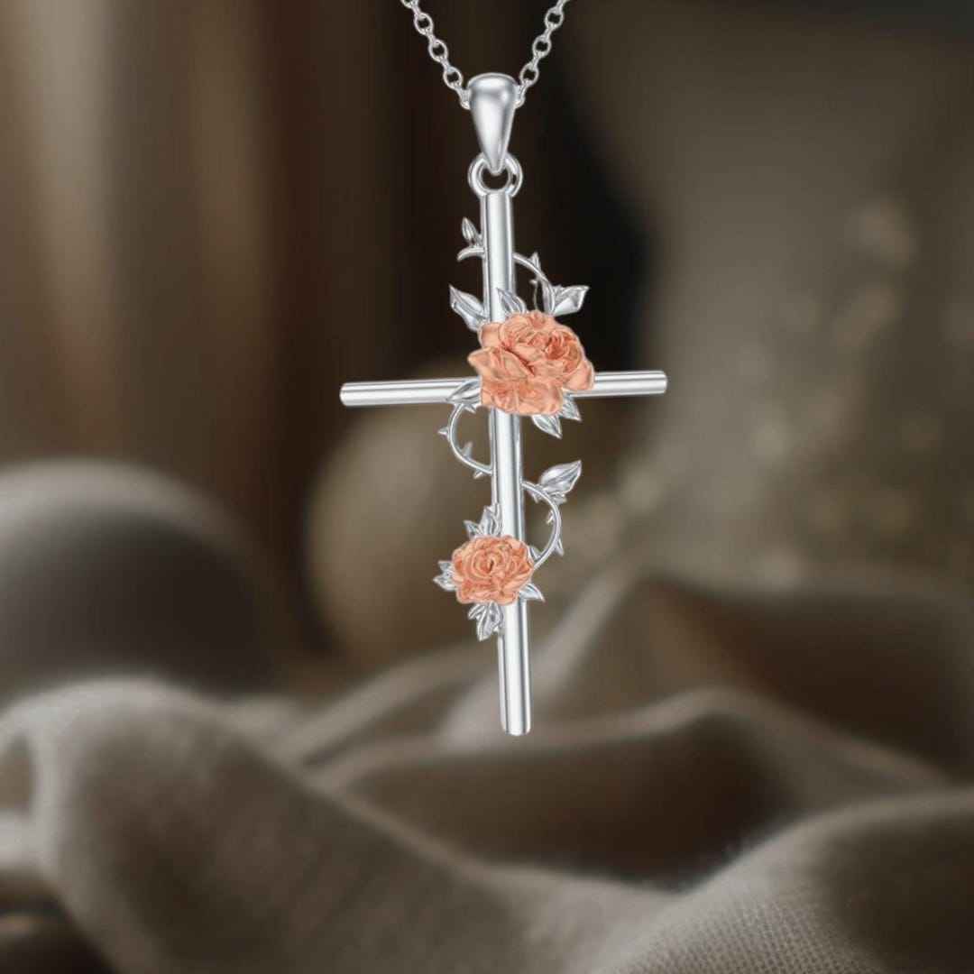 Rose Cross Necklace 925 Sterling Silver Flower Cross Necklace for Women ...