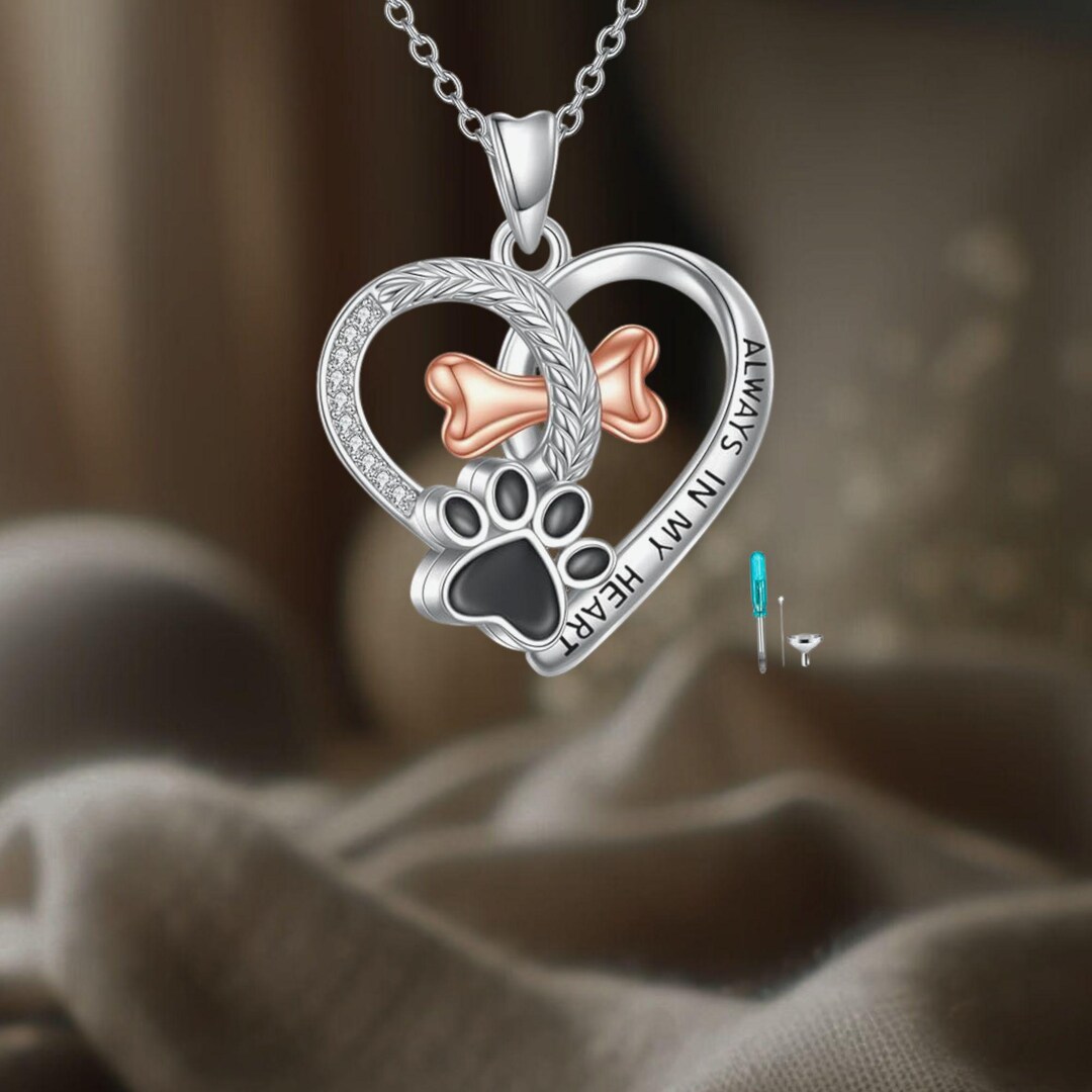 Paw Print Pet Urn Necklace Love Heart 925 Sterling Silver Cremation ...