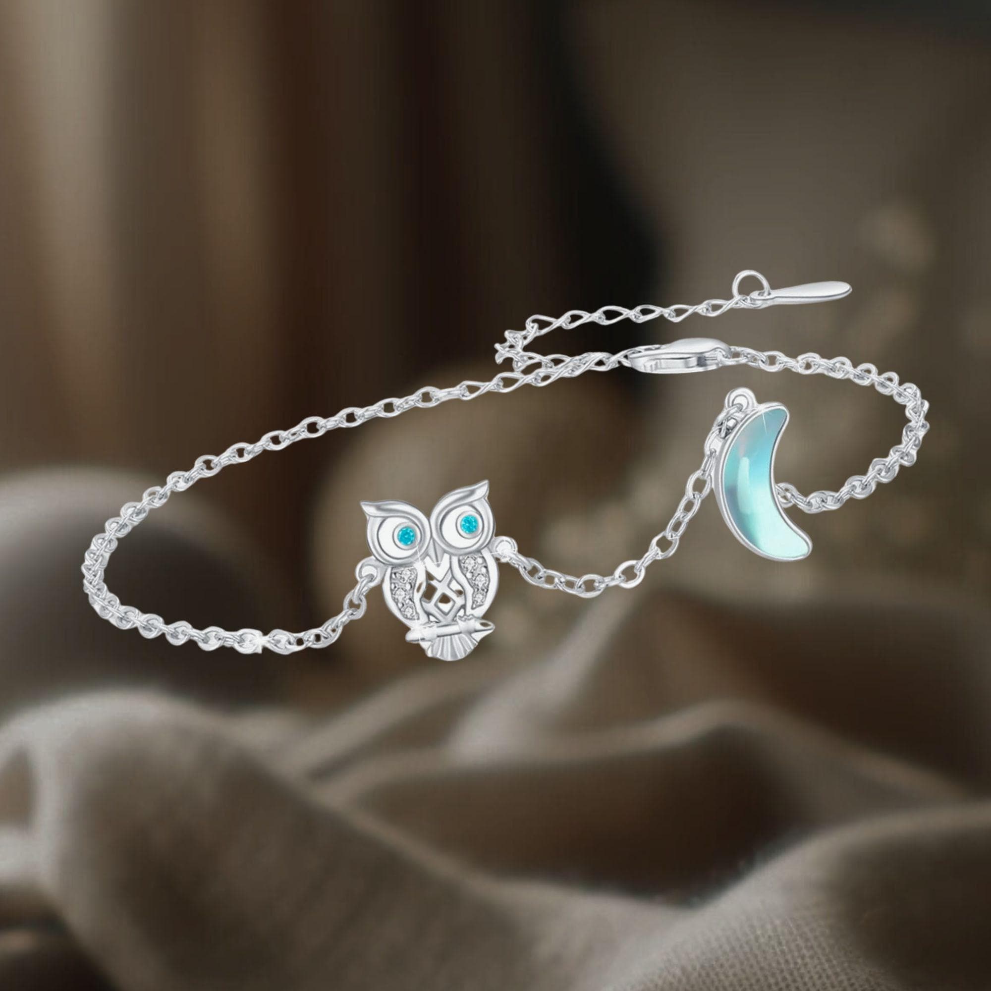 Owl Bracelet 925 Sterling Silver Moon Owl Adjustable Bracelet Moonstone Bird Bracelet Animal