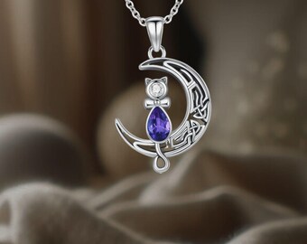 Celtic Cat Moon Necklace 925 Sterling Silver, Purple Gem
