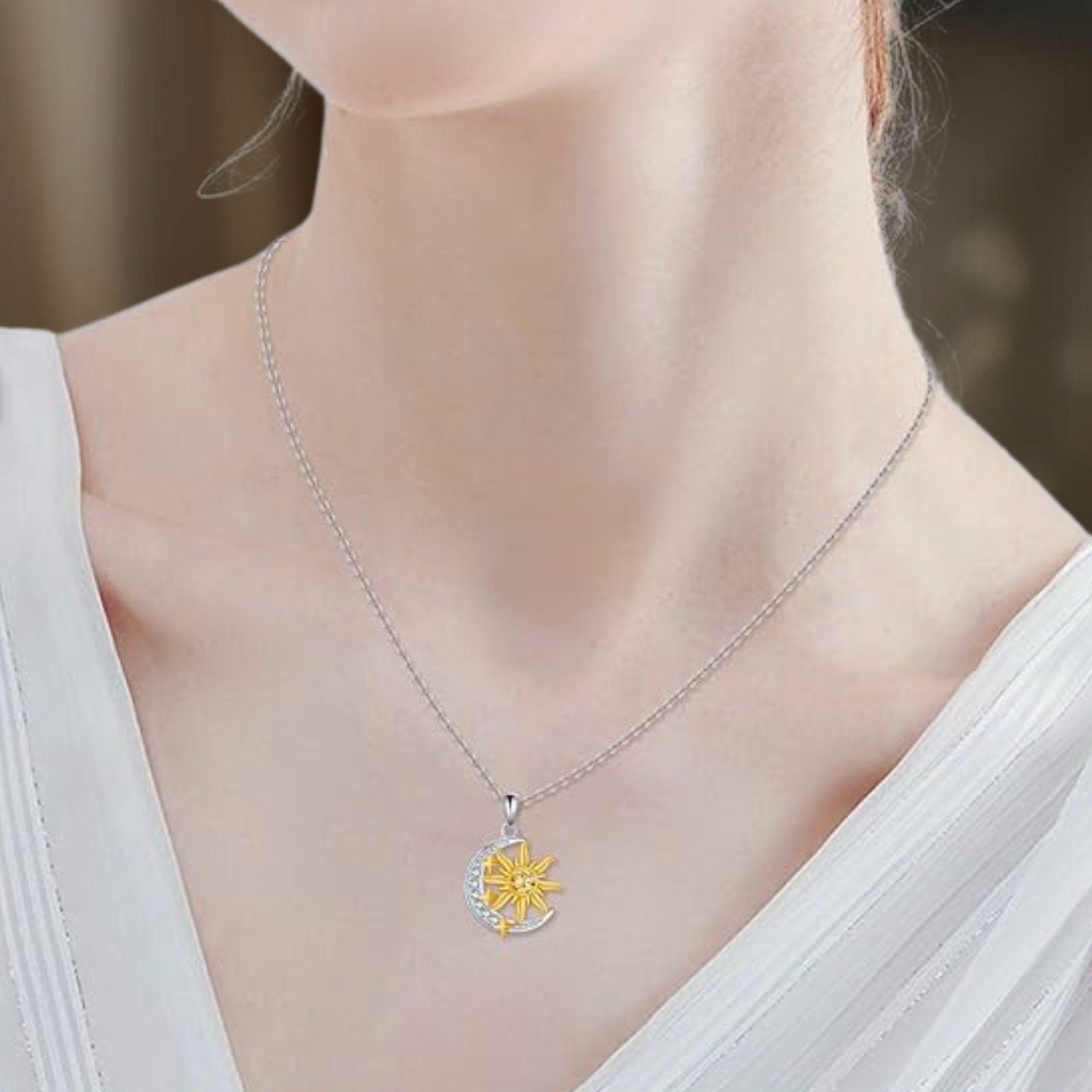 S925 Sterling Silver Platinum Plated Sun Moon and Stars Necklace(BSN381) main image 1