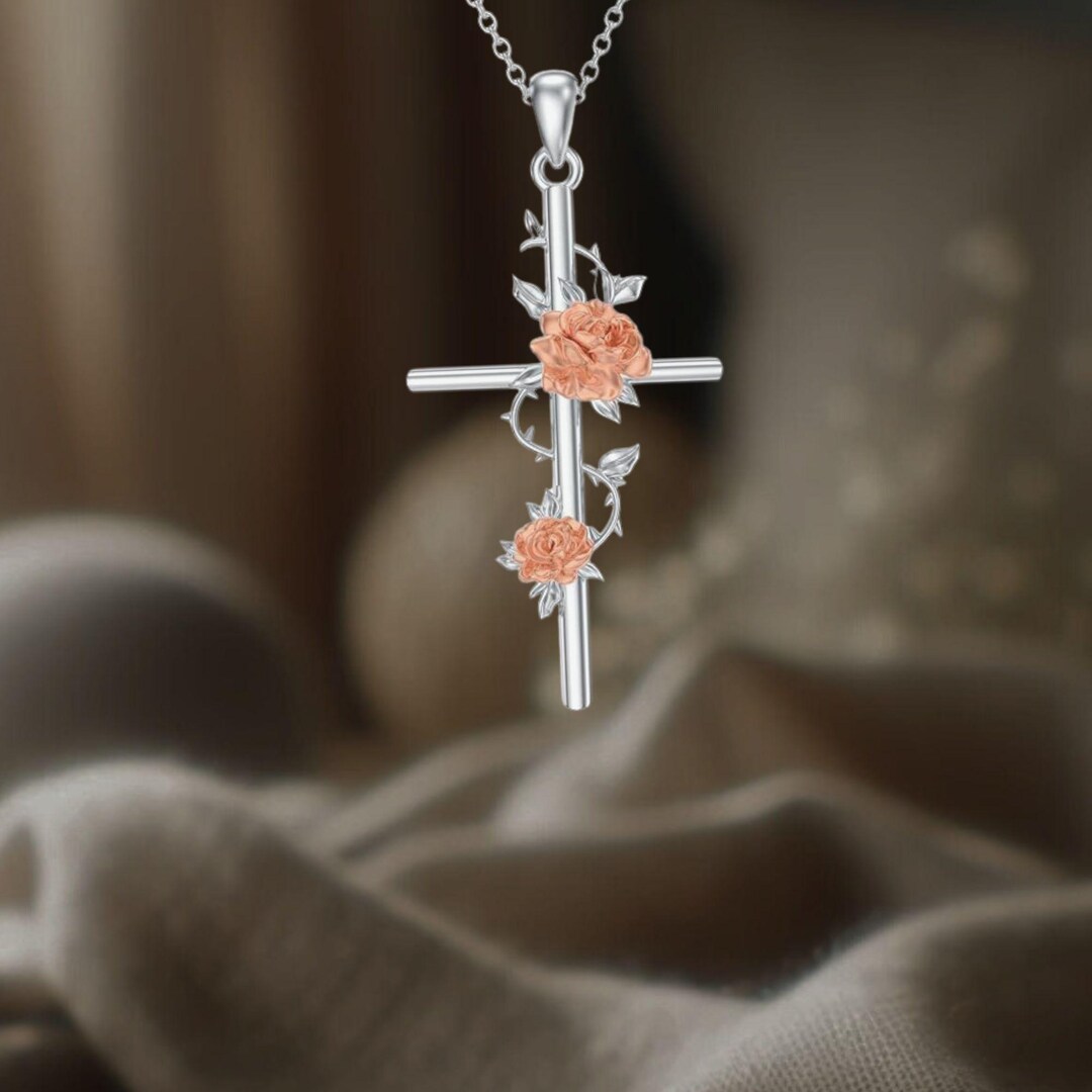 Rose Cross Pendant Necklace 925 Sterling Silver Rose Flower Christian ...