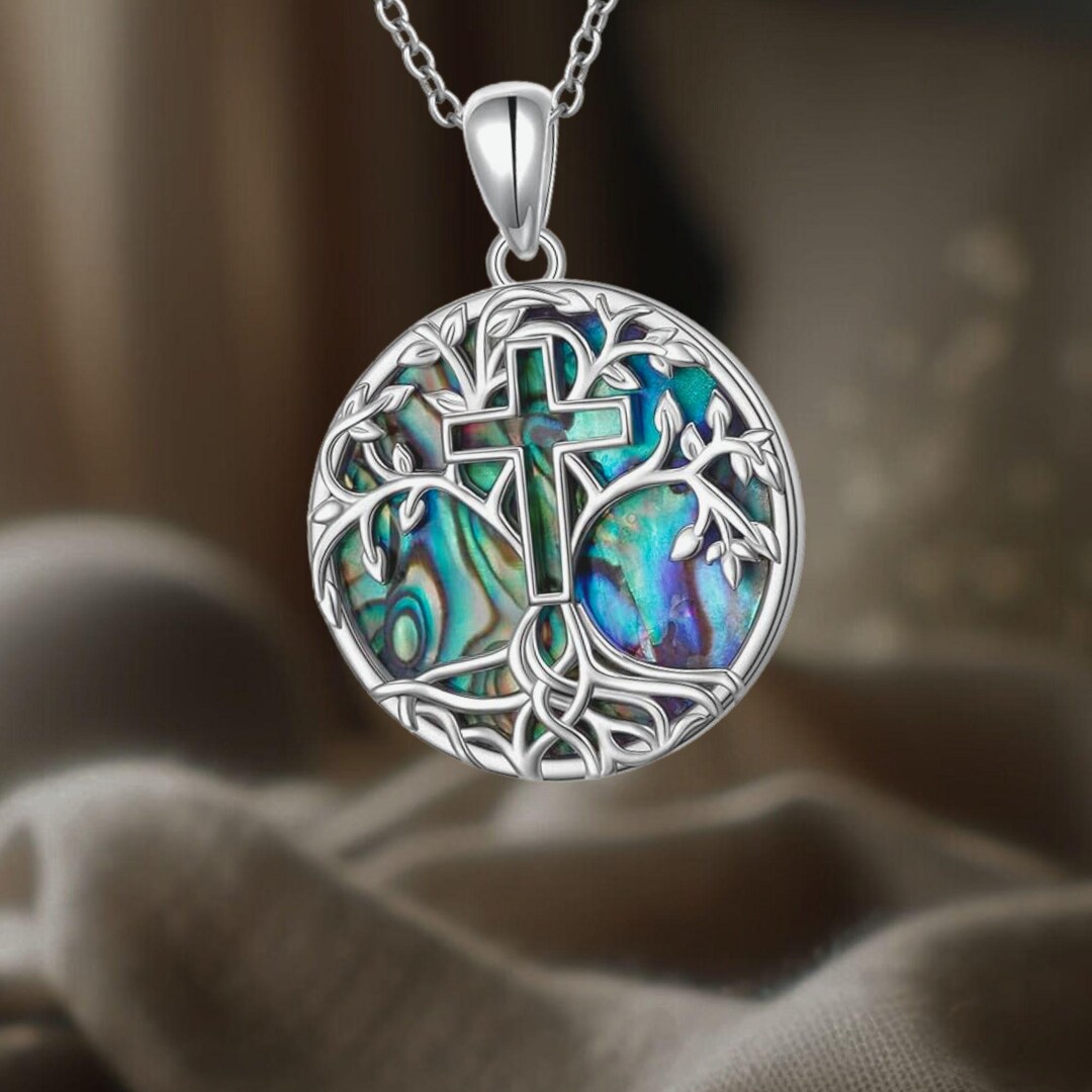 Round Tree of Life Cross Necklace 925 Sterling Silver Abalone Shell ...