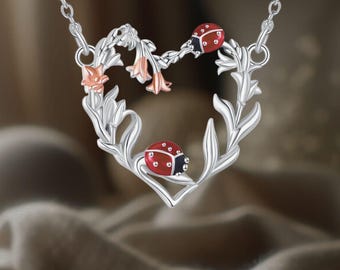Ladybug Necklace Love Heart Pendant Necklace 925 Sterling Silver Flower Ladybug Love Necklace For Women