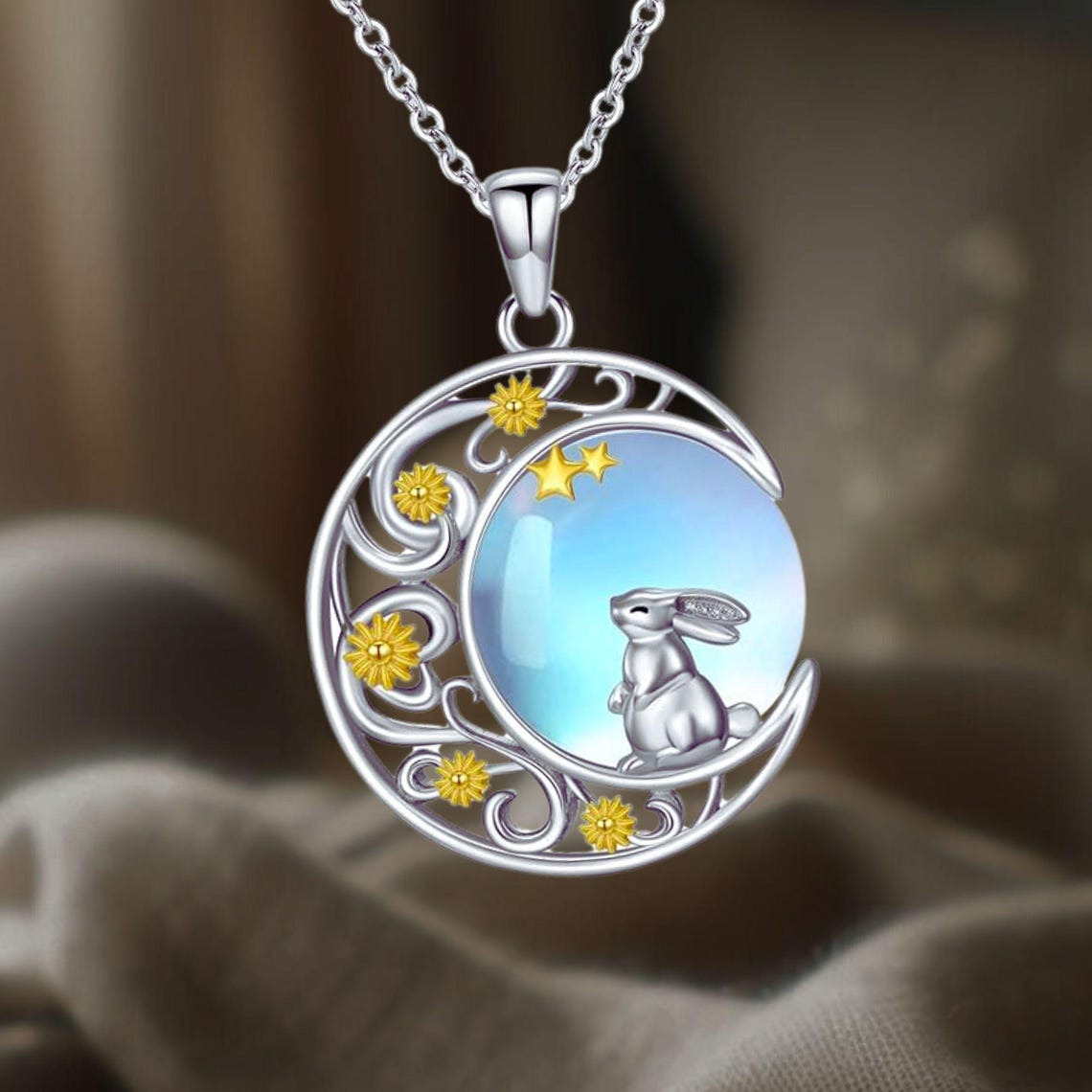 Bunny Necklace 925 Sterling Silver Teardrop Rabbit Celtic Moon ...