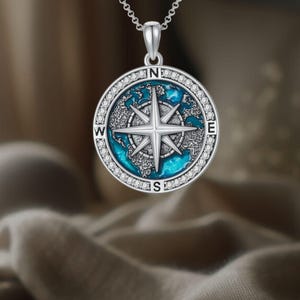 Compass Necklace Globe 925 Sterling Silver Cubic Zirconia Compass Jewelry for Women