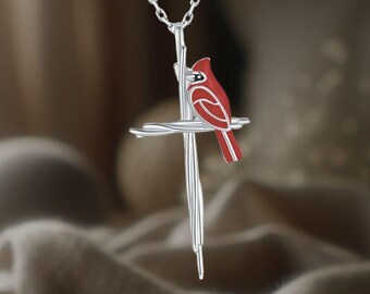 Red Cardinal Cross Necklace 925 Sterling Silver Red Cardinal Jewelry For Women