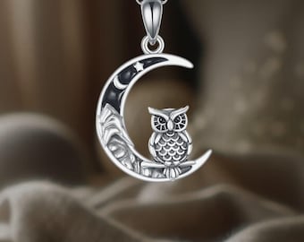 フクロウの月のネックレス 925 スターリングシルバー フクロウの山の 