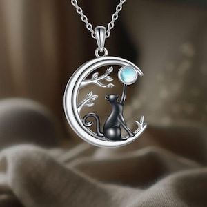 Cat Moon Necklace 925 Sterling Silver Black Cat Necklace For Women Mother Daughter Sister Wife Friend Pet Lover