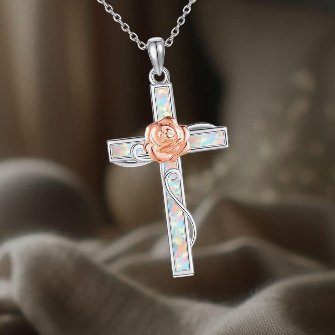 Rose Cross Necklace Sterling Silver Flower Cross Necklace for Women ...