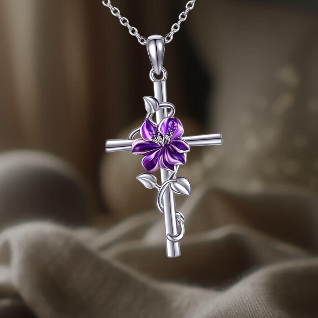 Violet Flower Cross Necklace 925 Sterling Silver Christian Jewelry for ...
