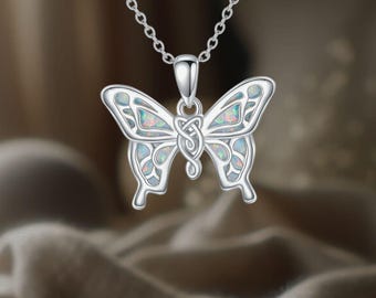 Butterfly Opal Celtic Necklace 925 Sterling Silver Butterfly Necklace For Women Mother Daughter Sister Wife Friend