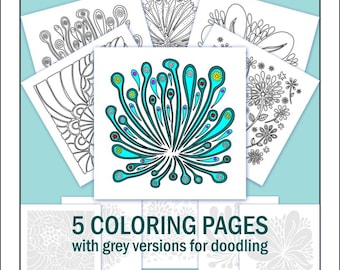 Abstract Flower Coloring Pages: Doodle Designs (Digital Download)