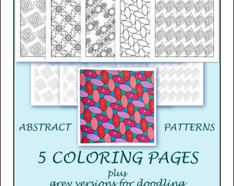 Pattern Coloring Pages: 5 Black & White Designs, 5 Grey Doodling Versions (Digital Download) PATTERNS SET 1