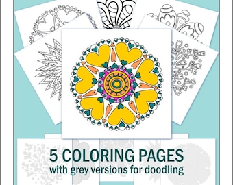 Abstract Flower Coloring Pages: Doodle Designs (Digital Download) 5 to Color and 5 Grey Versions for Doodling / FLOWER SET 6