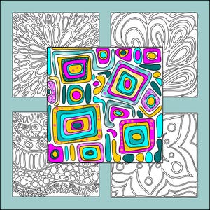 May include: A digital art print featuring a colourful geometric pattern with squares, circles, and lines in shades of pink, blue, yellow, and green. The pattern is surrounded by four black and white line drawings of abstract designs.