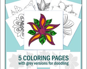Abstract Flower Coloring Pages: Easy Floral Doodles (Digital Download)