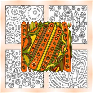 May include: A coloring page with a large, colorful, circular design in the center. The design is surrounded by four smaller, black and white designs. The large design features a variety of shapes, including circles, stripes, and swirls. The smaller designs feature circles, swirls, and floral patterns.