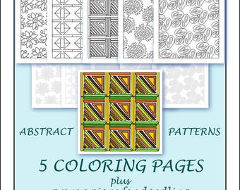 Pattern Coloring Pages: Abstract Designs for Adults & Kids (Digital Download) 5 to Color and 5 Grey Versions for Doodling / PATTERNS SET 3