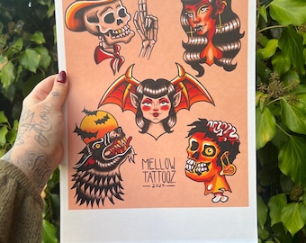 May include: A print featuring five traditional tattoo flash designs. The designs include a skeleton wearing a cowboy hat, a devil woman, a bat with a pumpkin, a wolf, and a zombie. The print is titled "MELLOW TATTOOZ - 2024".
