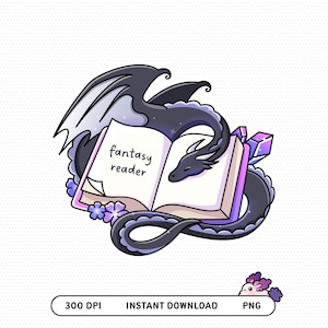 Dragão Leitor Fantástico | PNG Mágico para Amantes de Livros | Adesivo Imprimível de Romance Literário | Uso Comercial
