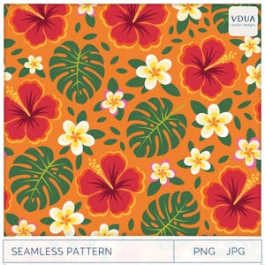 Hawaiian Floral Seamless Repeat Pattern Orange Background | Hibiscus | Plumeria | Mostera | Digital Download | Sublimation | Print | Paper