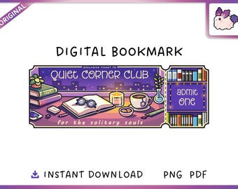 Quiet Corner Club Ticket Bookmark – Cozy Book Lover Printable Bookish Gift (Digital Download)