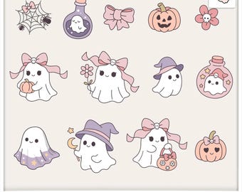 Coquette Halloween PNG-paket | 13 preppy spöken, pumpor och rosett-cliparts | Flickigt läskigt digital nedladdning