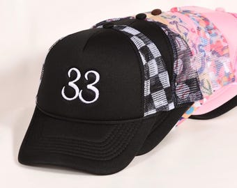 Checkered Mesh Back Trucker Hat with Embroidered Numbers & Letters, Bow Kiss Motifs | Western Cowboy/Cowgirl Boujee Cap