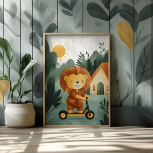 Impresión de león en scooter, decoración de pared para guardería, habitación de la jungla, arte para niños, decoración de guardería, DESCARGA DIGITAL