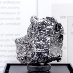 May include: A metallic iron meteorite specimen with a dark, textured, and irregular surface. The object features deep ridges and a reflective, pitted appearance, mounted on a small black circular base for display purposes.