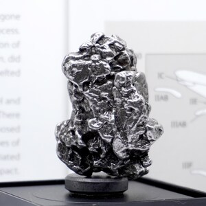 May include: A metallic, silver-grey iron meteorite specimen with a highly irregular, pitted, and textured surface. The object is mounted on a small, circular black base, displaying a complex, rugged form with deep crevices and raised ridges.