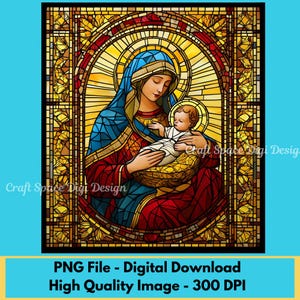 Mary & Jesus Christmas Nativity Stained Glass Effect Square Digital Image, High Quality Digital PNG - Print At Home, Card Making, Wall Art,