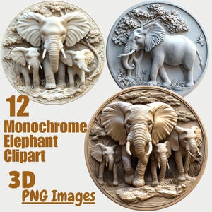 12 imágenes PNG de elefantes monocromáticos redondos en 3D con fondo transparente, para hacer tarjetas, revistas basura, POD de sublimación, animales de safari