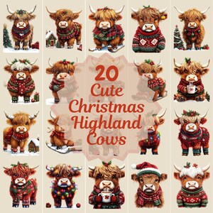 20 Christmas Cute Highland Cows PNG Clipart, Transparent Background, Card Making, Junk Journals, Digital, Funny Cow Individual Images, POD