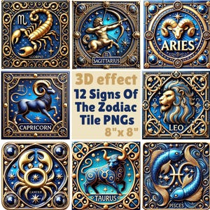 12 Zeichen des Tierkreises 3D druckbare PNG Clipart, quadratische Fliesen 8 "x 8" Druck zu Hause, Kartenherstellung, Junk Journals, Horoskop, Blau & Gold