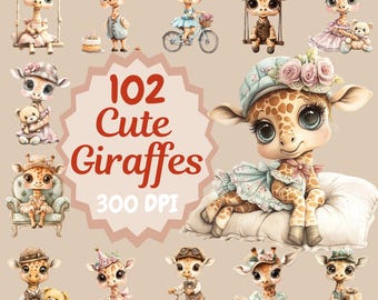 102 graziosi cuccioli di giraffa, acquerello, clipart PNG, sfondo trasparente, creazione di biglietti, neonato, nascita, diari spazzatura, digitale, asilo nido, POD