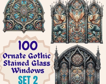 May include: Three ornate stained glass windows with intricate designs featuring birds, flowers, and geometric patterns. The windows are set against a white background. 100 Ornate Gothic Stained Glass Windows SET 2