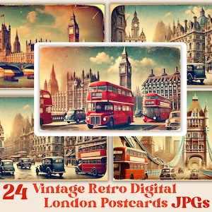 24 digitale Postkarten im Vintage-Retro-Stil von London England JPG-Bilder, Kartenherstellung, Junk Journal Ephemera, British Life, Scrapbooking
