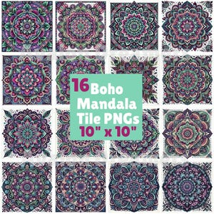 Puede incluir: 16 PNG de azulejos de mandala boho 10" x 10" - Un conjunto de 16 diseños de azulejos digitales con intrincados patrones de mandala en tonos de morado, verde y azul.