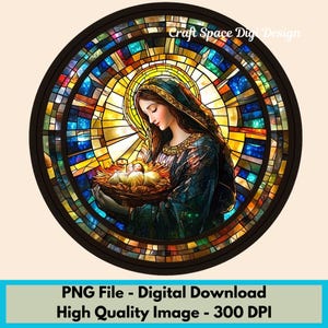 Mary & Jesus Christmas Nativity Stained Glass Effect Round Digital Image, High Quality Digital PNG - Print At Home, Card Making, Wall Art,